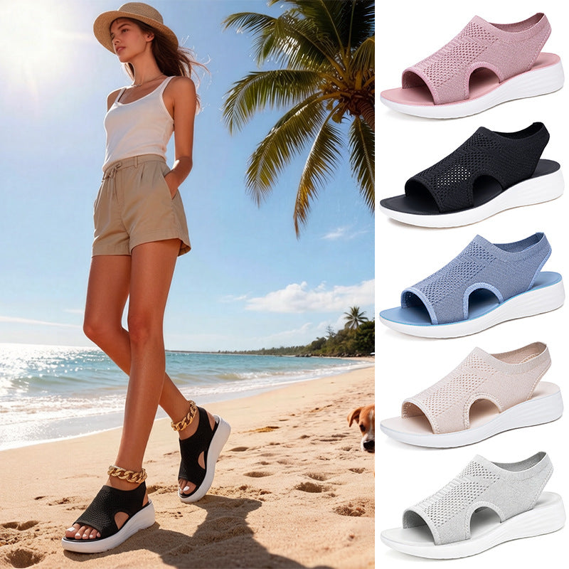 Fly-Knit Flat Sandals for Women Breathable Soft-Sole Summer Beach Shoes