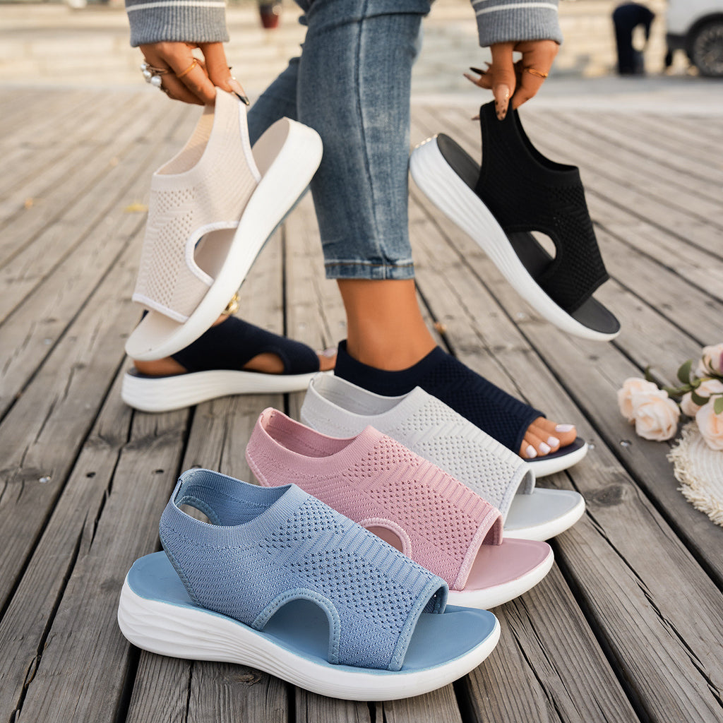 Fly-Knit Flat Sandals for Women Breathable Soft-Sole Summer Beach Shoes